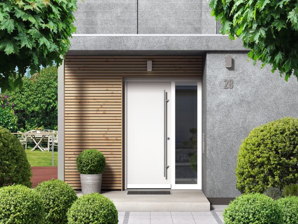 Modern bungalow house facade with front door entry